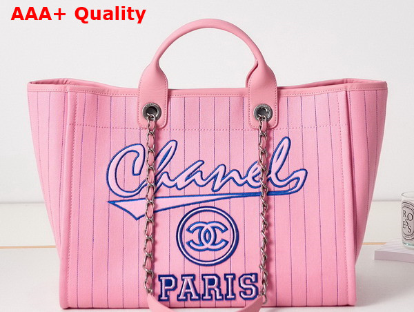 Chanel Large Shopping Bag Cotton Calfskin Silver Tone Metal Pink and Blue A66941 Replica