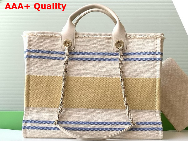 Chanel Large Shopping Bag Cotton Canvas Gold Tone Metal Ecru Blue and Yellow A66941 Replica