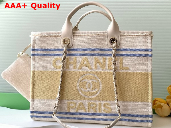 Chanel Large Shopping Bag Cotton Canvas Gold Tone Metal Ecru Blue and Yellow A66941 Replica