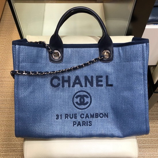 Chanel Large Shopping Bag Denim Blue Cotton Nylon Lurex Calfskin Gold Tone Metal A93786