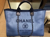 Chanel Large Shopping Bag Denim Blue Cotton Nylon Lurex Calfskin Gold Tone Metal A93786