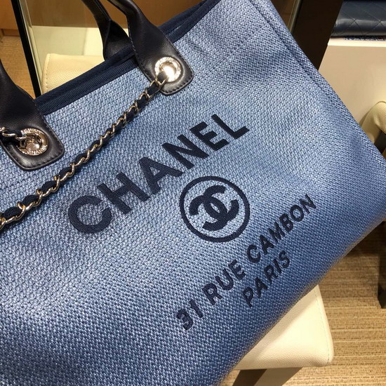 Chanel Large Shopping Bag Denim Blue Cotton Nylon Lurex Calfskin Gold Tone Metal A93786