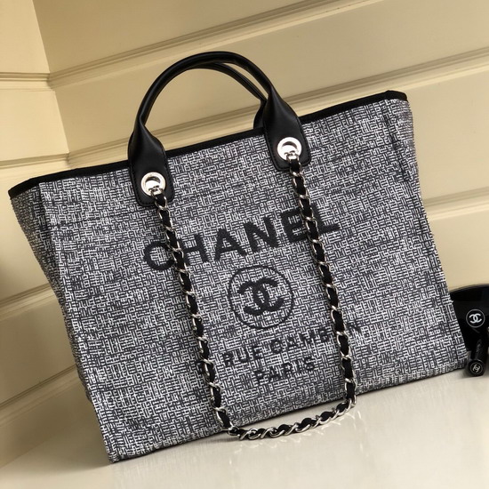 Chanel Large Shopping Bag Grey Cotton Nylon Lurex Calfskin Gold Tone Metal A93786