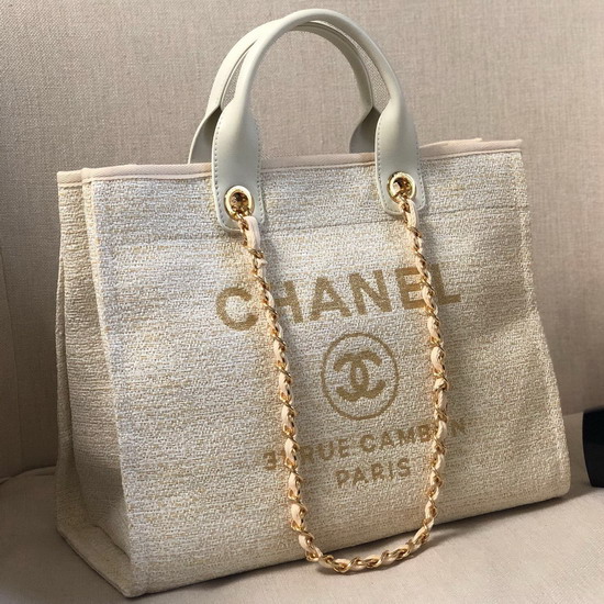 Chanel Large Shopping Bag Ivory Cotton Nylon Lurex Calfskin and Gold Tone Metal A93786