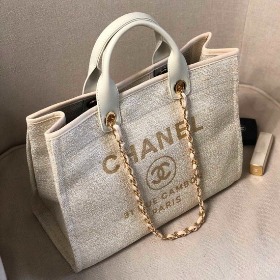 Chanel Large Shopping Bag Ivory Cotton Nylon Lurex Calfskin and Gold Tone Metal A93786