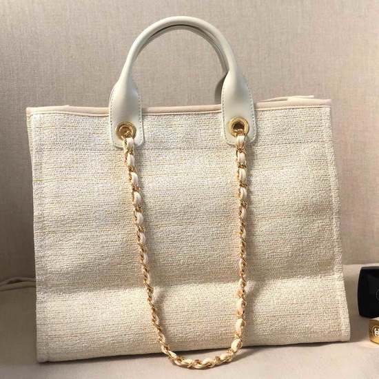 Chanel Large Shopping Bag Ivory Cotton Nylon Lurex Calfskin and Gold Tone Metal A93786