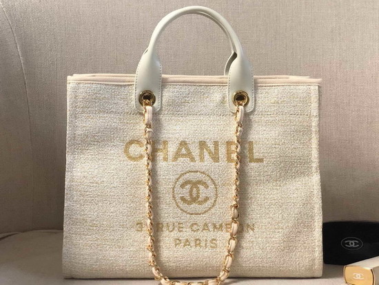 Chanel Large Shopping Bag Ivory Cotton Nylon Lurex Calfskin and Gold Tone Metal A93786