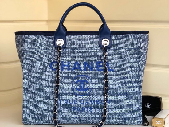 Chanel Large Shopping Bag Light Blue Cotton Nylon Lurex Calfskin Gold Tone Metal A93786