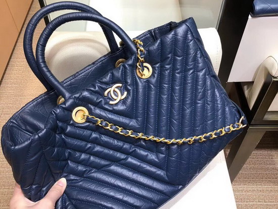 Chanel Large Shopping Bag Navy Blue Aged Calfskin Gold Tone Metal A57974