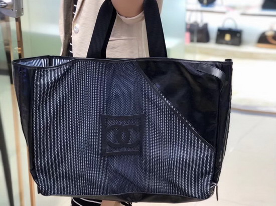 Chanel Large Shopping Bag Navy Blue Mesh Fabric and PVC