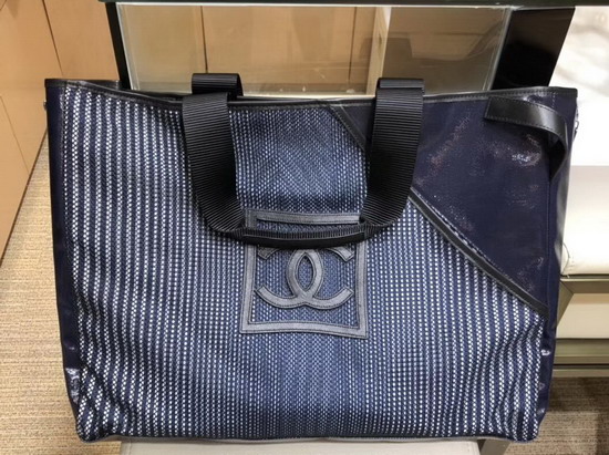 Chanel Large Shopping Bag Navy Blue Mesh Fabric and PVC