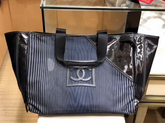 Chanel Large Shopping Bag Navy Blue Mesh Fabric and PVC