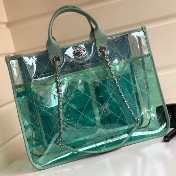 Chanel Large Shopping Bag PVC Lambskin and Silver Tone Metal Green and Pink