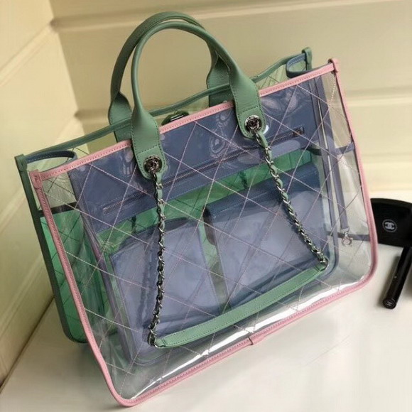 Chanel Large Shopping Bag PVC Lambskin and Silver Tone Metal Green and Pink