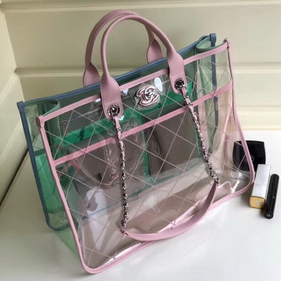 Chanel Large Shopping Bag PVC Lambskin and Silver Tone Metal Pink and Green