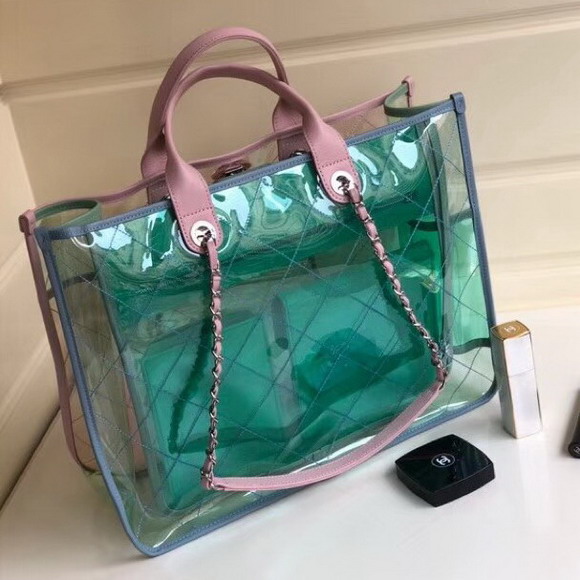 Chanel Large Shopping Bag PVC Lambskin and Silver Tone Metal Pink and Green