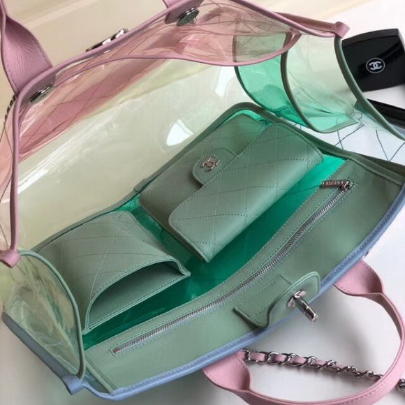 Chanel Large Shopping Bag PVC Lambskin and Silver Tone Metal Pink and Green