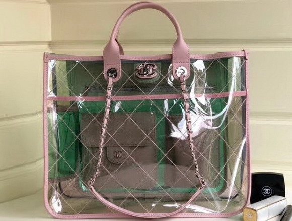 Chanel Large Shopping Bag PVC Lambskin and Silver Tone Metal Pink and Green