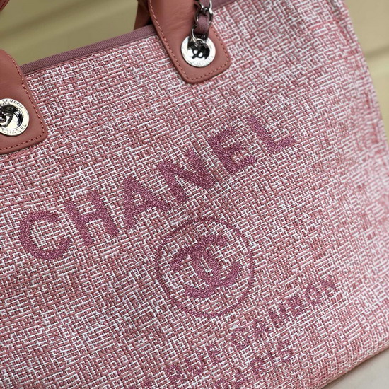 Chanel Large Shopping Bag Pink Cotton Nylon Lurex Calfskin Gold Tone Metal A93786