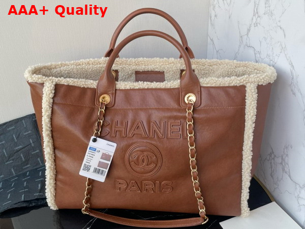 Chanel Large Shopping Bag Shearling Lambskin Gold Tone Metal Brown and Beige A66941 Replica