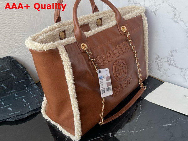 Chanel Large Shopping Bag Shearling Lambskin Gold Tone Metal Brown and Beige A66941 Replica