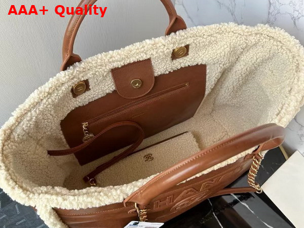 Chanel Large Shopping Bag Shearling Lambskin Gold Tone Metal Brown and Beige A66941 Replica