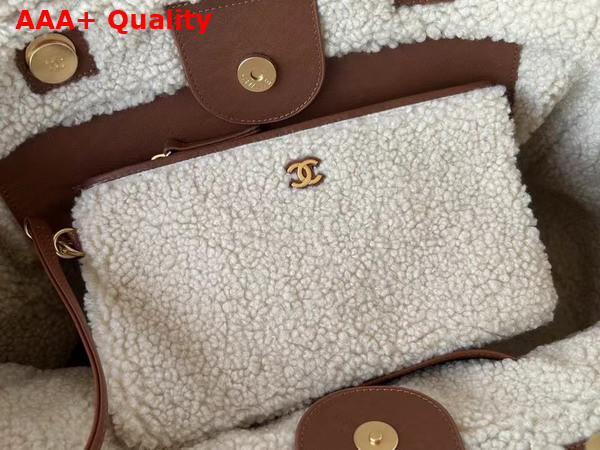 Chanel Large Shopping Bag Shearling Lambskin Gold Tone Metal Brown and Beige A66941 Replica