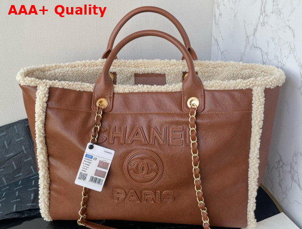 Chanel Large Shopping Bag Shearling Lambskin Gold Tone Metal Brown and Beige A66941 Replica