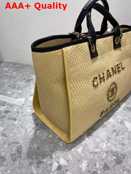 Chanel Large Shopping Bag Straw Calfskin and Gold Tone Metal Beige and Black A66941 Replica