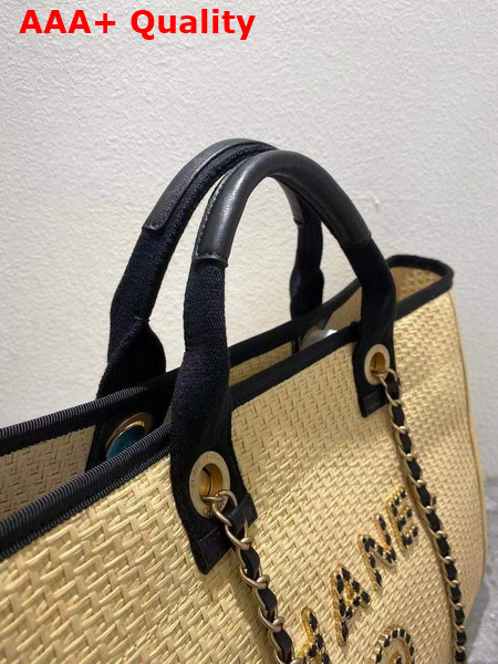 Chanel Large Shopping Bag Straw Calfskin and Gold Tone Metal Beige and Black A66941 Replica