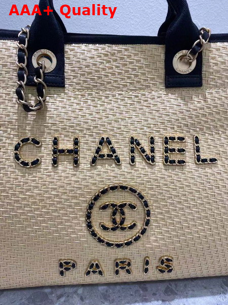 Chanel Large Shopping Bag Straw Calfskin and Gold Tone Metal Beige and Black A66941 Replica