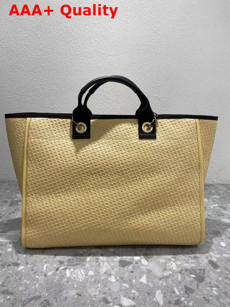 Chanel Large Shopping Bag Straw Calfskin and Gold Tone Metal Beige and Black A66941 Replica