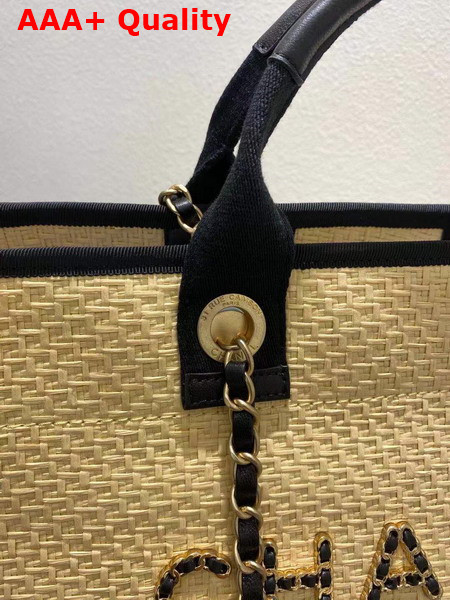 Chanel Large Shopping Bag Straw Calfskin and Gold Tone Metal Beige and Black A66941 Replica