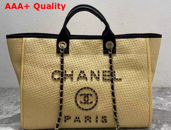 Chanel Large Shopping Bag Straw Calfskin and Gold Tone Metal Beige and Black A66941 Replica