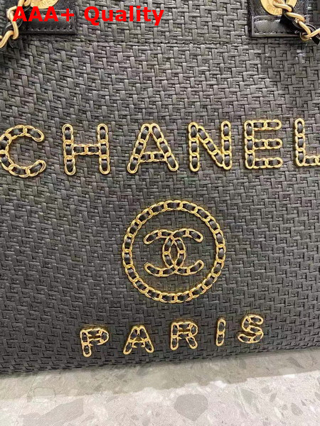 Chanel Large Shopping Bag Straw Calfskin and Gold Tone Metal Black A66941 Replica