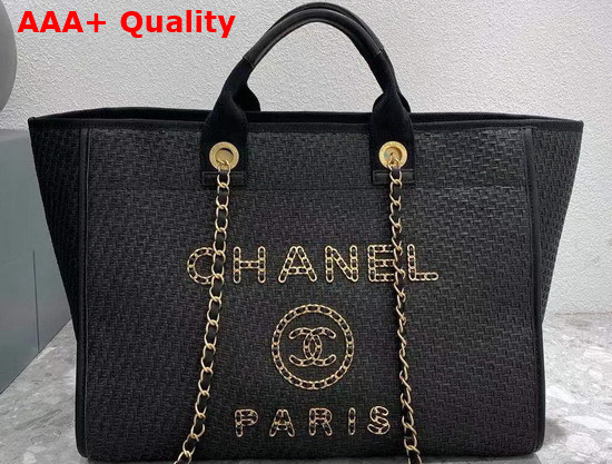 Chanel Large Shopping Bag Straw Calfskin and Gold Tone Metal Black A66941 Replica