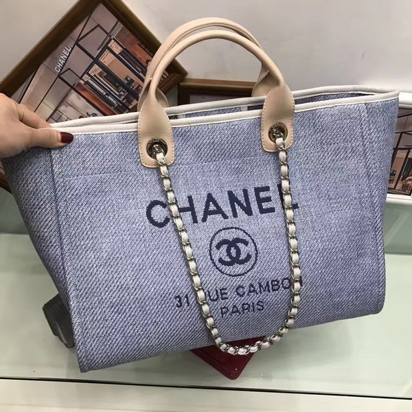 Chanel Large Shopping Bag Toile Sequins Light Blue For Sale