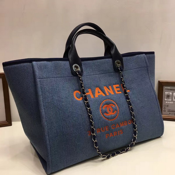 Chanel Large Shopping Bag Toile Sequins Silver Tone Metal Blue For Sale