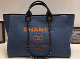 Chanel Large Shopping Bag Toile Sequins Silver Tone Metal Blue For Sale