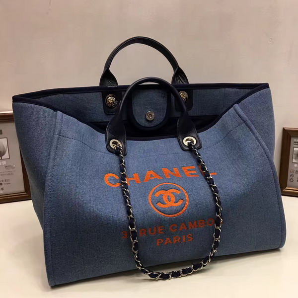 Chanel Large Shopping Bag Toile Sequins Silver Tone Metal Blue For Sale