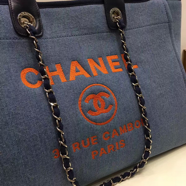 Chanel Large Shopping Bag Toile Sequins Silver Tone Metal Blue For Sale