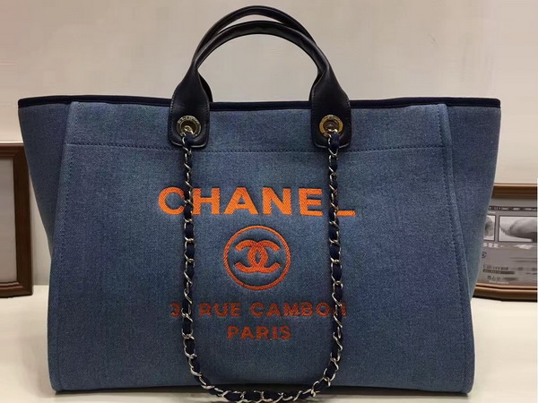 Chanel Large Shopping Bag Toile Sequins Silver Tone Metal Blue For Sale