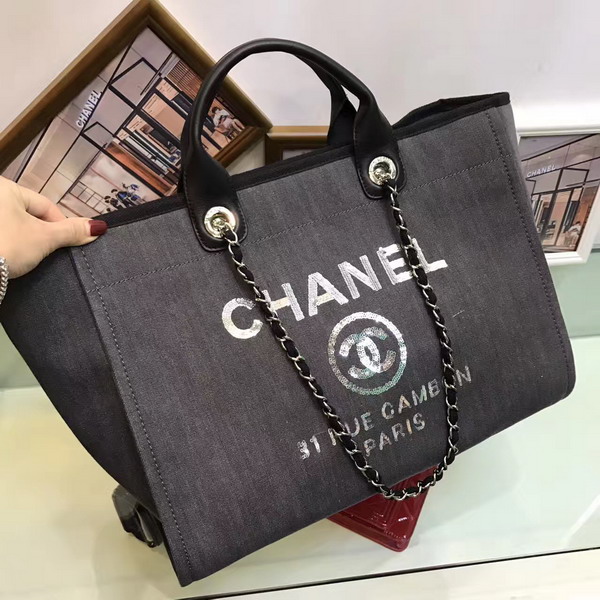 Chanel Large Shopping Bag Toile Sequins Silver Tone Metal Charcoal For Sale