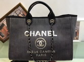 Chanel Large Shopping Bag Toile Sequins Silver Tone Metal Charcoal For Sale