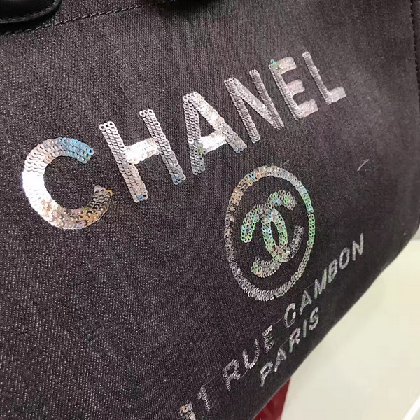 Chanel Large Shopping Bag Toile Sequins Silver Tone Metal Charcoal For Sale