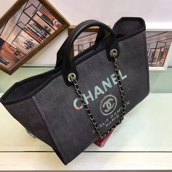 Chanel Large Shopping Bag Toile Sequins Silver Tone Metal Charcoal For Sale