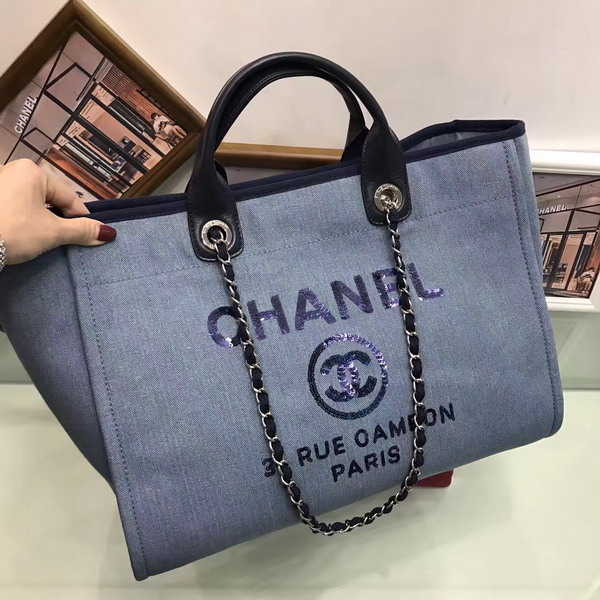 Chanel Large Shopping Bag Toile Sequins Silver Tone Metal Light Blue For Sale