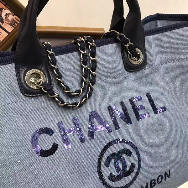 Chanel Large Shopping Bag Toile Sequins Silver Tone Metal Light Blue For Sale