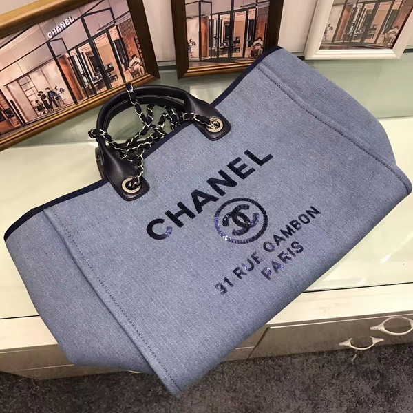 Chanel Large Shopping Bag Toile Sequins Silver Tone Metal Light Blue For Sale