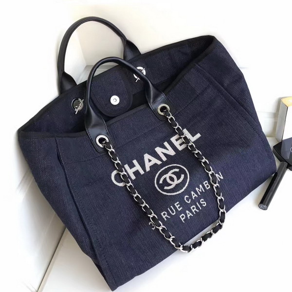 Chanel Large Shopping Bag Toile Sequins Silver Tone Metal Navy Blue For Sale